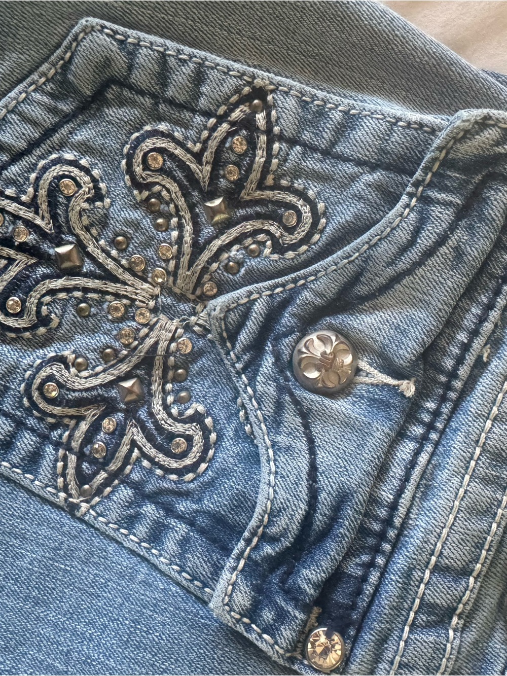 Miss Me Light Blue Boot Cut Jeans with Fleur Embroidery and Studs